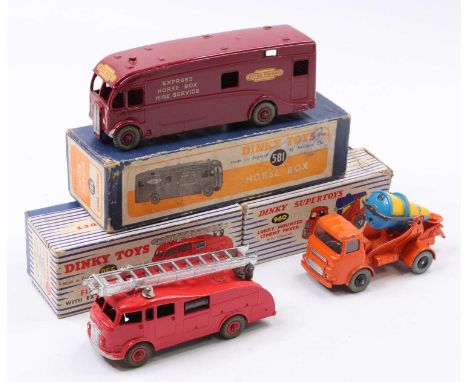 Dinky Toys boxed model group of 3 comprising No. 581 Horse Box, No. 955 Fire Engine, and No, 960 Lorry Mounted Cement Mixer (