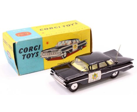 Corgi Toys No. 223 Chevrolet State Patrol Police car, comprising of black body with State Patrol stickers, fitted with yellow