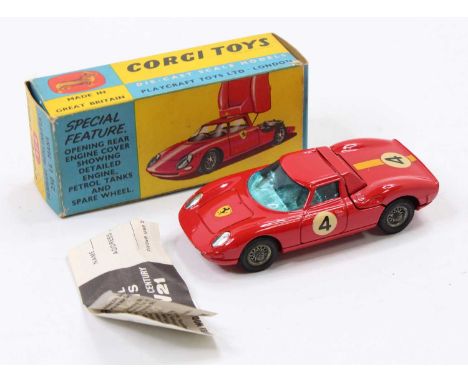 Corgi Toys No. 314 Ferrari Berlinetta 250 Le Mans racecar, comprising of red body with wirework hubs and racing No. 4 housed 