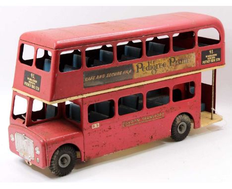 Triang large scale pressed steel model of a London Transport double-decker bus finished in red with blue interior with chrome