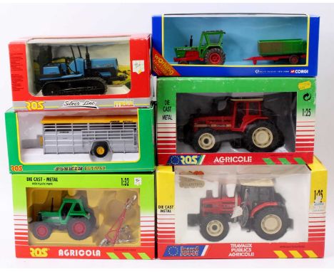 6 various boxed 1/25th and 1/32nd scale boxed Tractor and Farm Implement group, examples to include Corgi David Brown Country