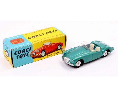 Corgi Toys, 302, MGA Sports Car, metallic green body with silver detailed grille, cream seats with plastic windshield, shaped