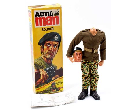 A vintage Palitoy Action Man No. 34032 Soldier comprising of an Action Man figure with gripping hands and eagle eyes, militar