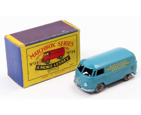 Matchbox Lesney No. 34 VW Panel Van in blue with metal wheels, silver trim, and "Matchbox International Express" decals on th