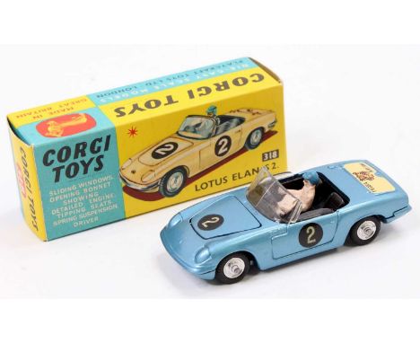 Corgi Toys No. 318 Lotus Elan S2 "I've got a Tiger in my Tank", Steel Blue body, Black interior, spun hubs, Racing number 6 d