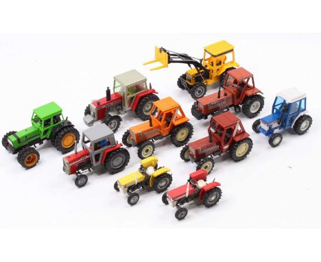 Collection of 10 various Britains and similar 1/32nd scale model tractors and implements, to include Fiat Turbo DT 180-90, Vo