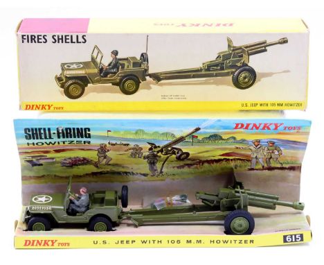 Dinky Toys No. 615 US Jeep with 105mm Howitzer, US military green body, green plastic wheels, with grey plastic driver, label