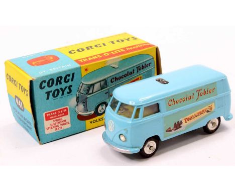 Corgi Toys No. 441 Volkswagen 'Chocolate Toblerone' van, light blue body with lemon interior, Trans-o-lite head lamps, spun h