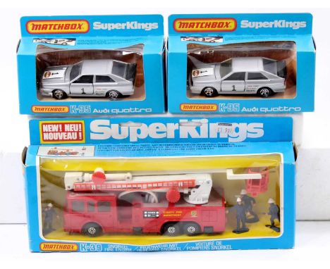 Matchbox Lesney Super Kings boxed group of 3 comprising 2x K95 Audi Quattro, both with silver body, black interior, and "Audi