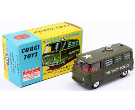 Corgi Toys No. 355 US military police Commer van, military green body with red interior and driver figure, flashing light, in