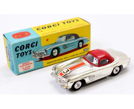 Corgi Toys No. 304S Mercedes Benz 300SL hard top roadster, comprising of chrome body with red roof and flat spun hubs, comple