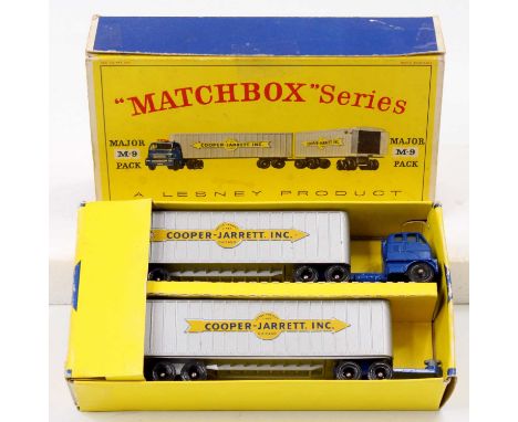 A Matchbox lesney Major Pack M9 Cooper Jarrett Interstate Freighter, blue tractor unit, with silver trailers, and "Cooper-Jar