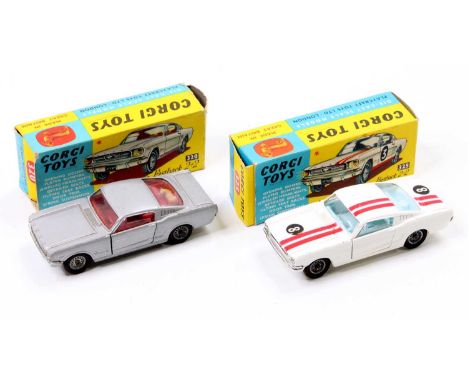 Corgi Toys Ford Mustang boxed pair comprising No. 325 Ford Mustang Fastback 2+2 competition model, white body with red twin r