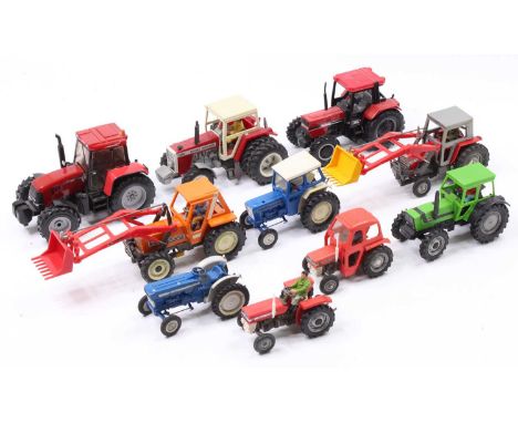 Collection of 10 various Britains and similar 1/32nd scale model tractors and implements, to include Massey Ferguson 2680 Dua