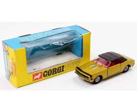 Corgi Toys No. 338 Chevrolet SS 350 Camaro in metallic green/gold with a red interior, black roof and bonnet stripe, with "Go