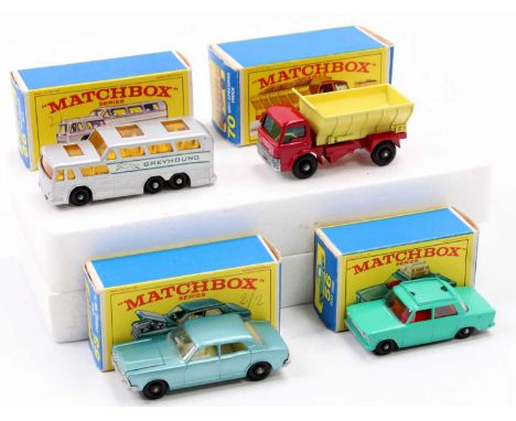 Matchbox Lesney boxed model group of 4 comprising No. 53 Ford Zodiac, No. 56 Fiat 1500 (missing luggage rack), No. 66 Greyhou