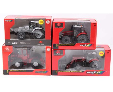 Britains 1/32nd scale Massey Ferguson boxed tractor group, 4 examples to include MRH 42735 Massey Ferguson 7480, Britains No.