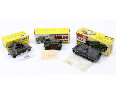 Solido military boxed model group of 3 comprising No. 200 Combat Car, No. 240 Panhard AML 90, and No. 227 AMX 13 (all VGNM-BV