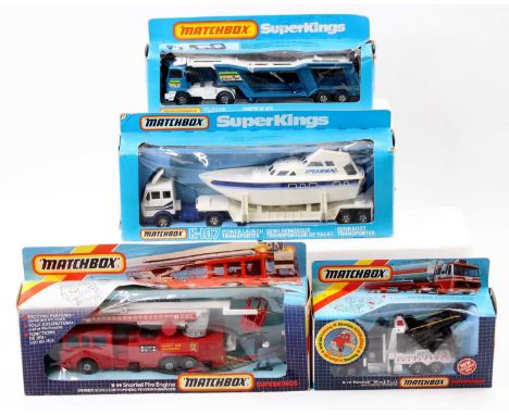 Matchbox Super Kings boxed model group of 4 trucks comprising K107 Mercedes Power Launch Transporter, K10 Bedford Car Transpo