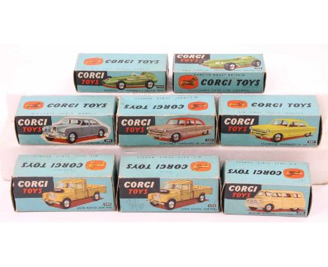 A collection of eight various empty Corgi Toys blue ground card boxes to include No. 205 Riley Pathfinder, No. 207 Standard V