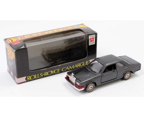 An Asahi Made in Japan No. 2 1/43 scale model of a Rolls Royce Camargue, comprising metallic grey body with black interior, h