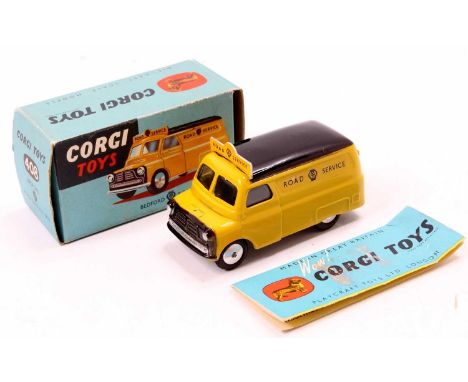 Corgi Toys No. 408 Bedford AA Road Service delivery van comprising a yellow body with black roof with roof sign and flat spun