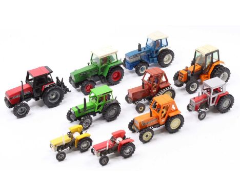 Collection of 10 various Britains and similar 1/32nd scale model tractors and implements, to include International CASE 2294,