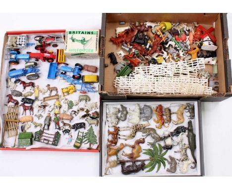 3 trays containing a collection of mostly Britains lead hollow cast farming and animal figures, with examples including a Zeb