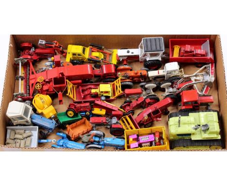 A tray containing a collection of Corgi, Dinky, Matchbox and Britains tractors and farming related models, with specific exam