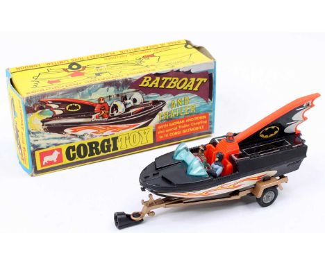 Corgi Toys No. 107 Batboat And Trailer, 1st issue with tinplate fin complete with Batman &amp; Robin figures, gold trailer, c