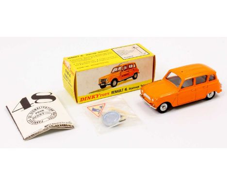 French Dinky Toys No. 518A Renault 4L comprising an orange body, with a grey interior, concave hubs, and silver trim, with bl