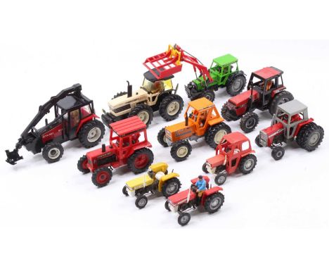 Collection of 10 various Britains and similar 1/32nd scale model tractors and implements, to include County 1884 in white, Fi