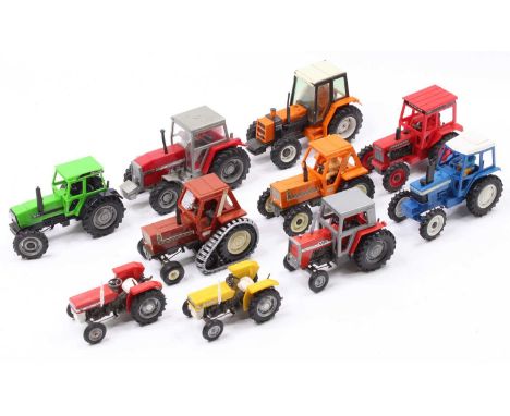 Collection of 10 various Britains and similar 1/32nd scale model tractors and implements, to include Massey Ferguson 135 in y