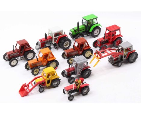 Collection of 10 various Britains and similar 1/32nd scale model tractors and implements, to include Fiat DT 80-90 in brown, 