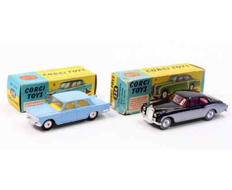 Corgi Toys, 2 boxed examples comprising No. 217 Fiat 1800 in light blue with a lemon interior and flat spun hubs sold with it