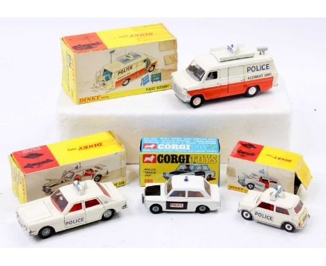 A collection of Dinky and Corgi Toys emergency vehicles comprising Dinky Toys No. 255 Ford Zodiac Police Car, No. 250 Police 