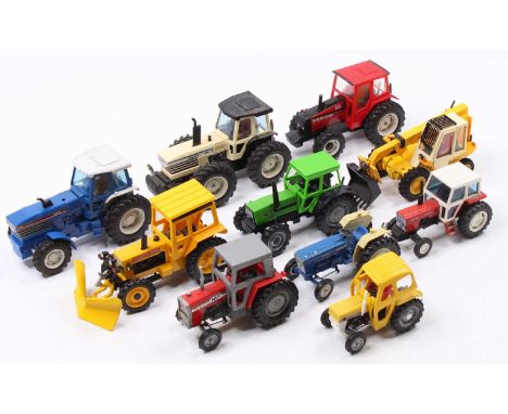 Collection of 10 various Britains and similar 1/32nd scale model tractors and implements, to include County 1884 white, Volvo