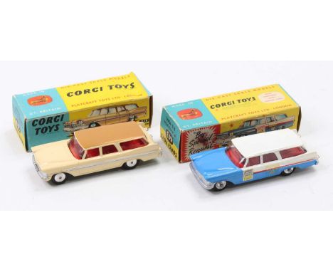 Corgi Toys boxed model group of 2 comprising No. 219 Plymouth Sports Suburban station wagon, cream body with brown roof and r