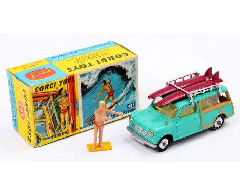 Corgi Toys No. 485 BMC Mini Countryman with surfing figure, comprising of a turquoise body with lemon interior and spun hubs,