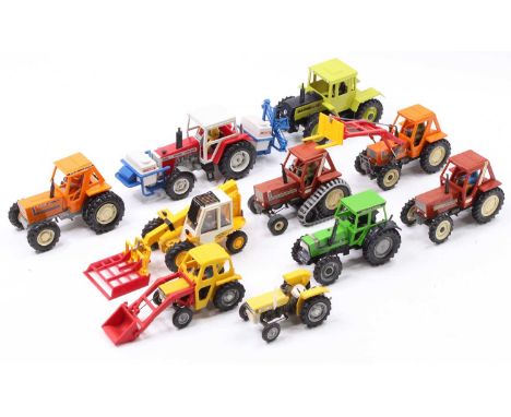 Collection of 10 various Britains and similar 1/32nd scale model tractors and implements, to include Fiat DT 90-90, Massey Fe