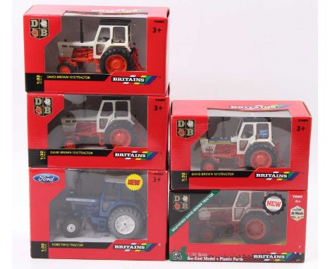 Britains 1/32nd scale Ford and David Brown Tractor group, 5 examples all boxed to include 2x No.43090A1 David Brown 1210 Trac