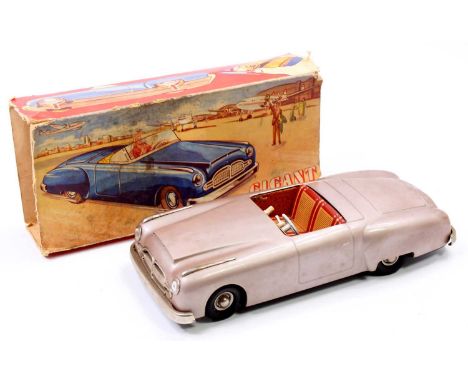 JNF Gigant large German tinplate clockwork Touring Car, lilac/metallic pink body with tinprinted interior, lacks windscreen, 