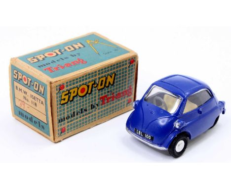 A Spot-On No. 118 BMW Isetta comprising of dark blue body with cream interior and spun hubs, housed in the original card box 