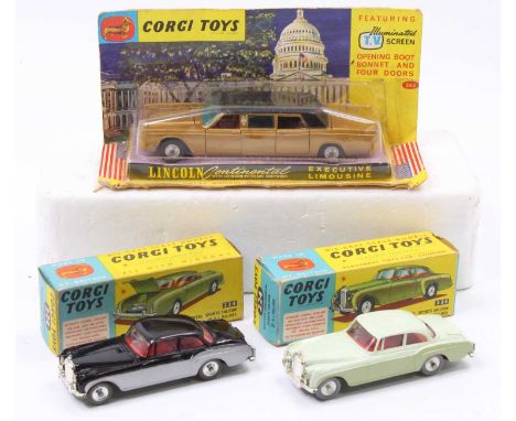 Corgi Toys boxed model group of 3 comprising 2x No. 224 Bentley Continental Sports Saloon, the first being in two-tone green 