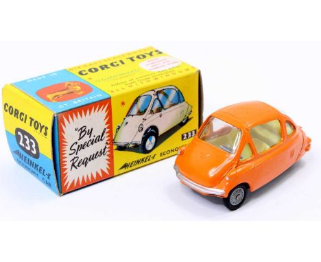 Corgi Toys No. 233 Heinkel Economy Car comprising orange body with lemon yellow interior with spun hubs, housed in the origin