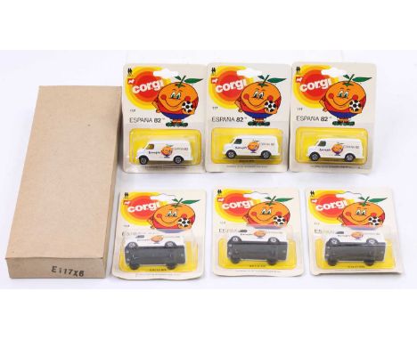 Corgi Juniors trade pack of six No. 117 Spanish World Cup delivery vans, all housed on original backing cards with buff trade