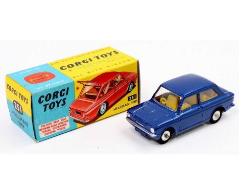 Corgi Toys No. 251 Hillman Imp saloon comprising of metallic blue body with yellow interior, luggage load and spun hubs, the 