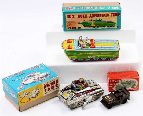 One tray containing a collection of mixed tinplate vehicles and novelty toys, to include a Triang Minic No. 1 tin plate milit