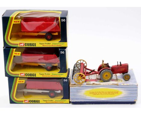 A collection of Dinky and Corgi toys related farming diecast to include three Corgi No. 56 tipping trailers together with a D