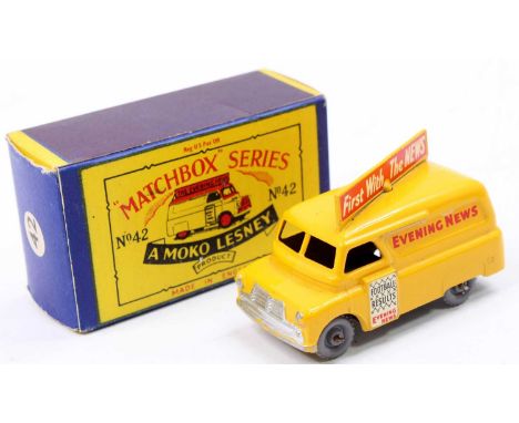 Matchbox Lesney No. 42 Bedford "Evening News" Van, yellow body, with grey plastic wheels, and "Evening News" decals, sold in 